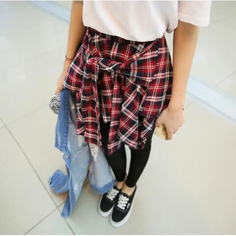 Korean Style Fake Two-Piece Plaid Leggings Set