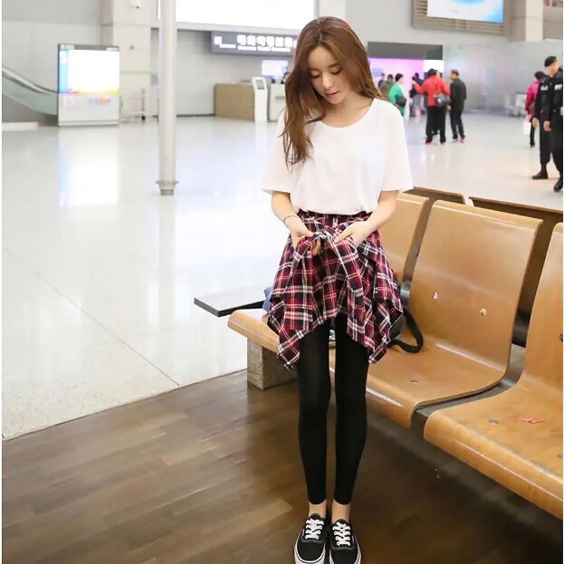 Korean Style Fake Two-Piece Plaid Leggings Set