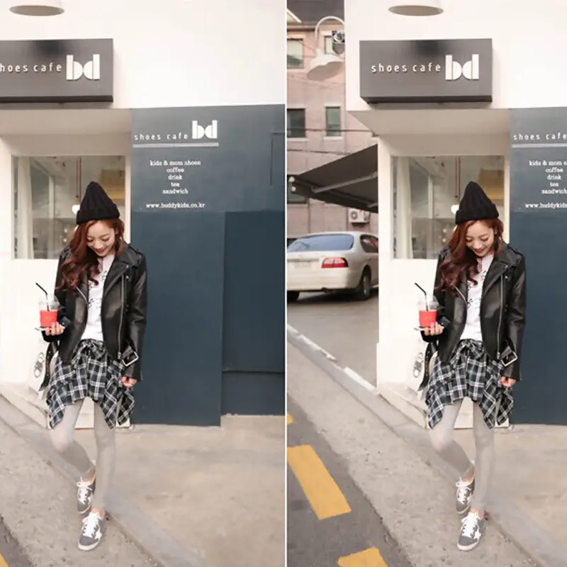 Korean Style Fake Two-Piece Plaid Leggings Set