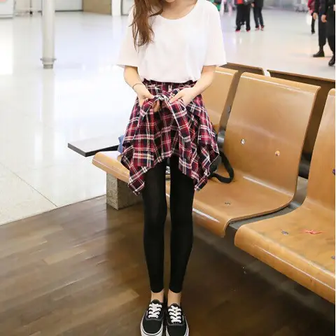 Korean Style Fake Two-Piece Plaid Leggings Set