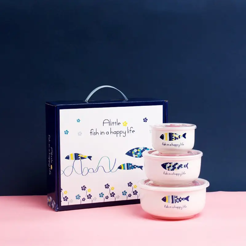 Three-piece Sealed Ceramic Fish Bowl Set for Daily Use - Image 8