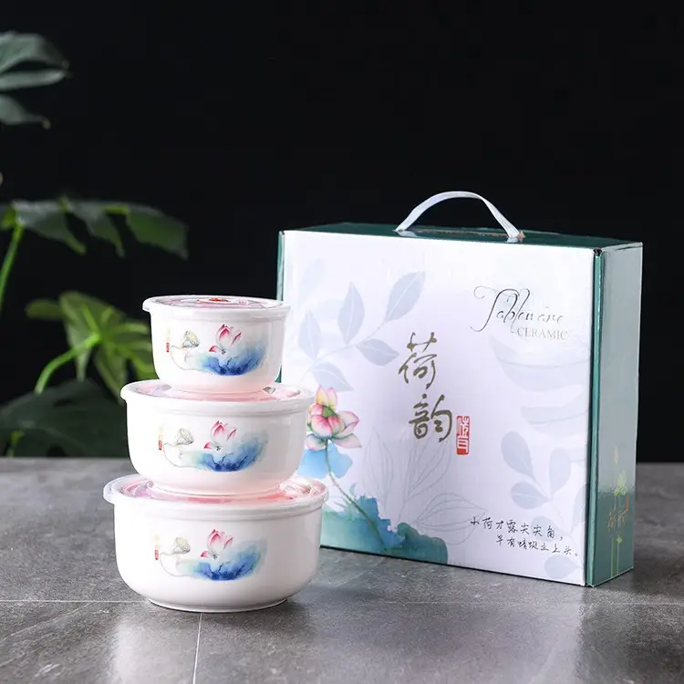 Three-piece Sealed Ceramic Fish Bowl Set for Daily Use - Image 2