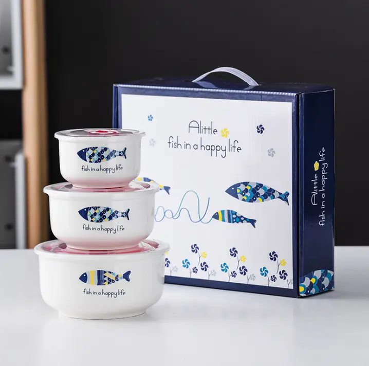Three-piece Sealed Ceramic Fish Bowl Set for Daily Use - Image 5