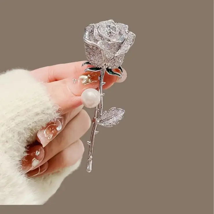 Metal Full Diamond Pearl Rose Brooch for Women - Image 4
