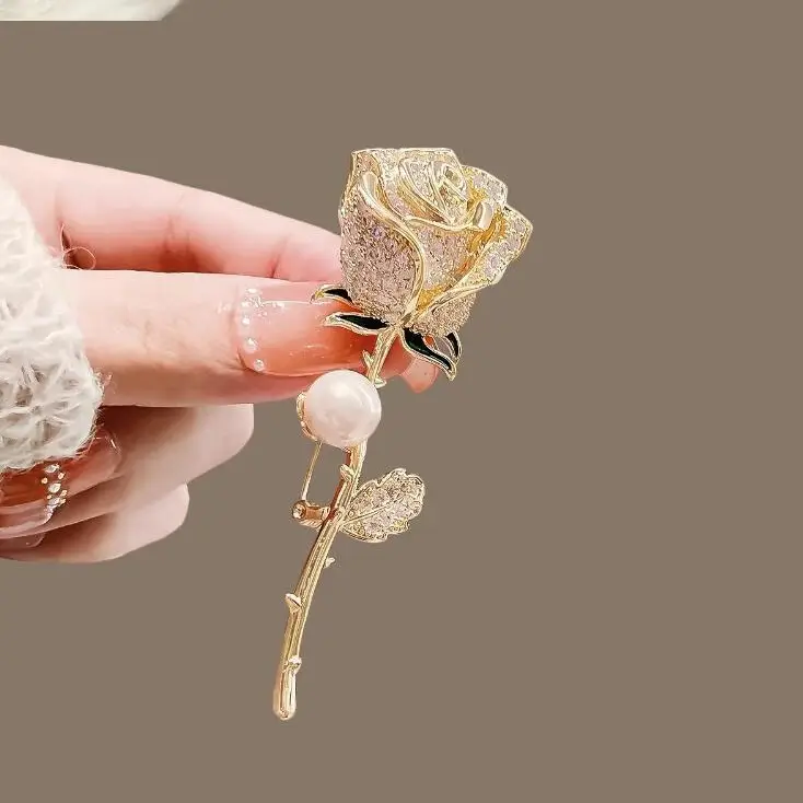 Metal Full Diamond Pearl Rose Brooch for Women - Image 5