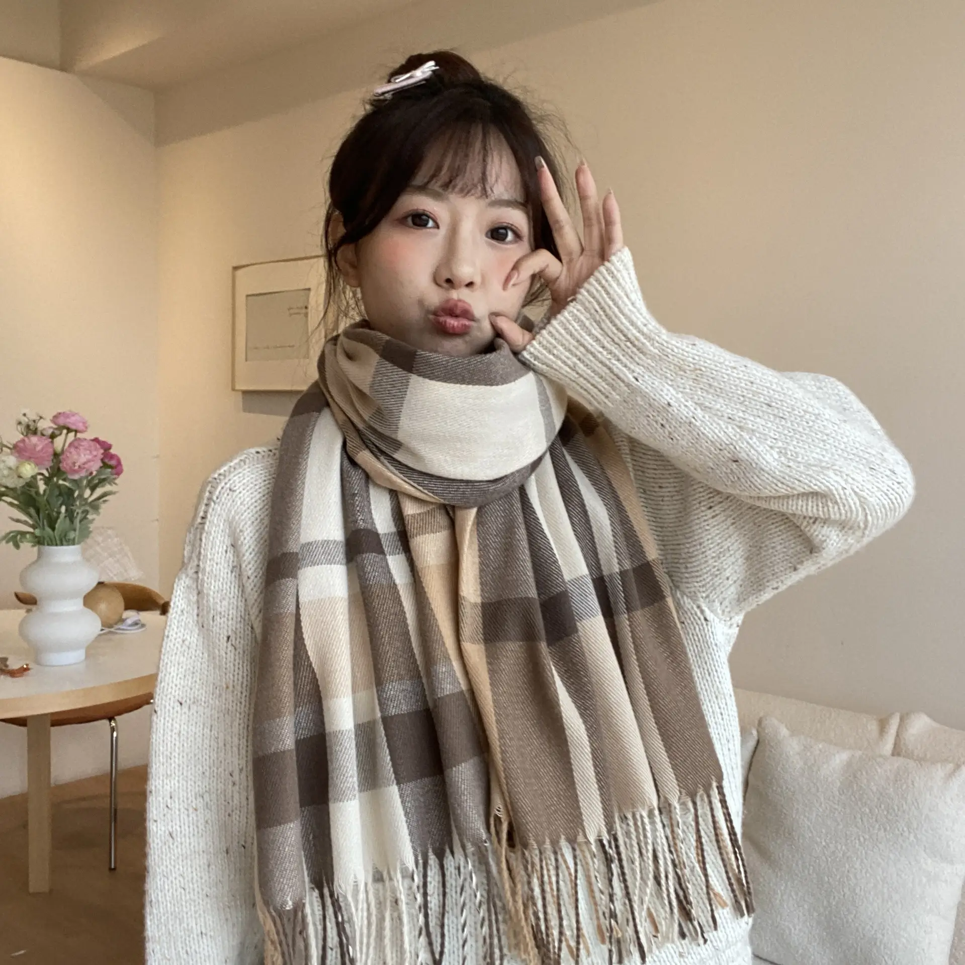 Winter Plaid Cashmere Scarf Women's All-match Double-sided Long - Image 15