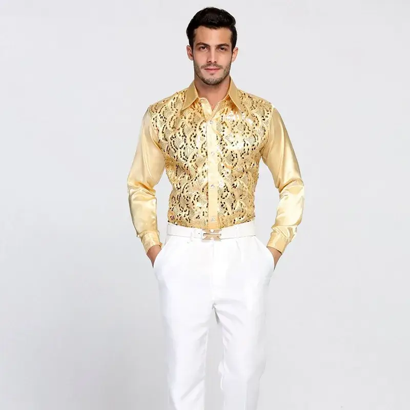 Men White Sequin Shirt Long Sleeve Performance Wear - Image 9