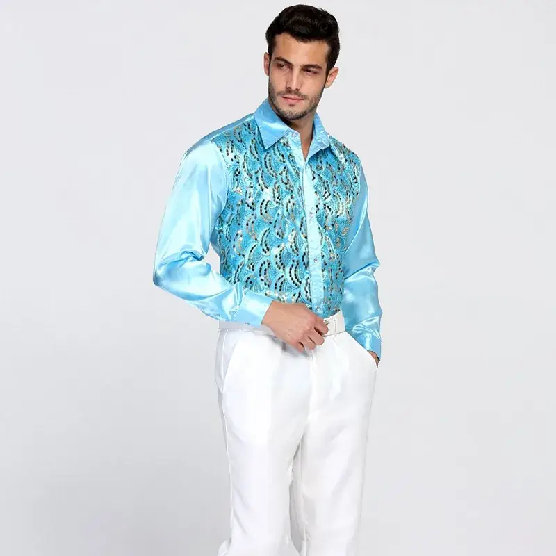 Men White Sequin Shirt Long Sleeve Performance Wear - Image 11