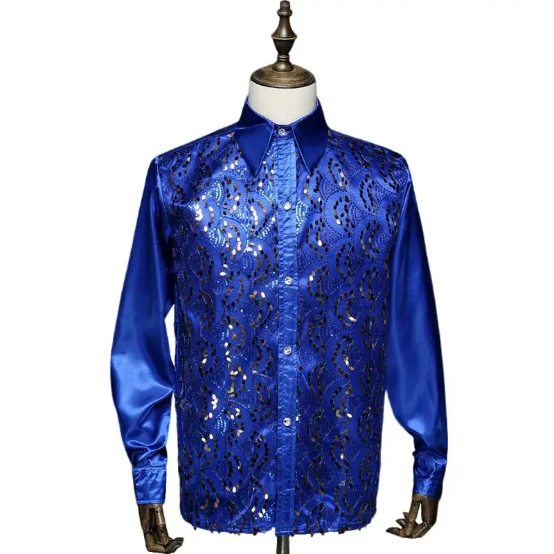 Men White Sequin Shirt Long Sleeve Performance Wear - Image 12