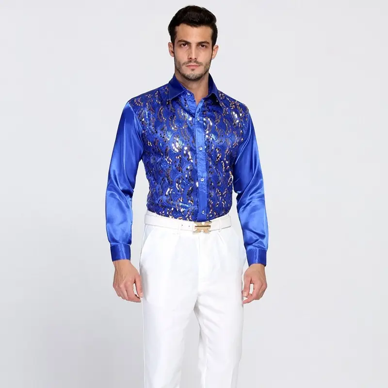 Men White Sequin Shirt Long Sleeve Performance Wear — feature 10
