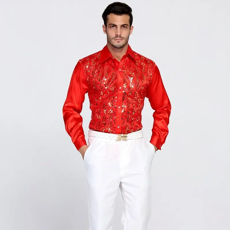 Men White Sequin Shirt Long Sleeve Performance Wear — feature 11
