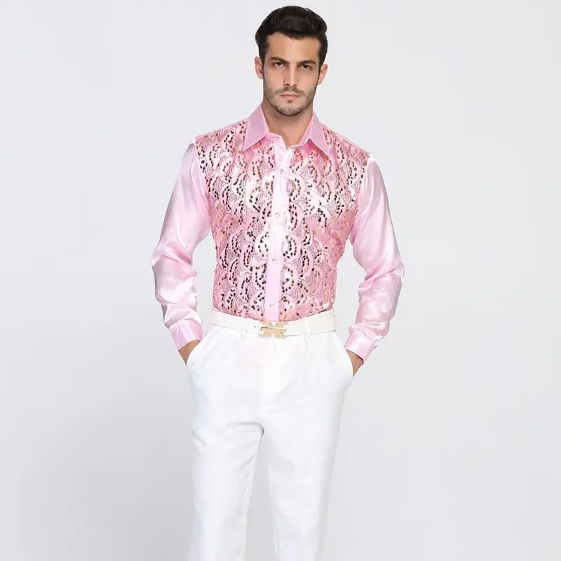 Men White Sequin Shirt Long Sleeve Performance Wear — feature 13