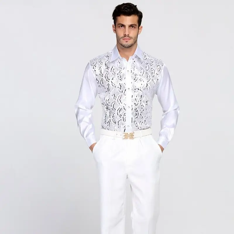 Men White Sequin Shirt Long Sleeve Performance Wear — feature 7