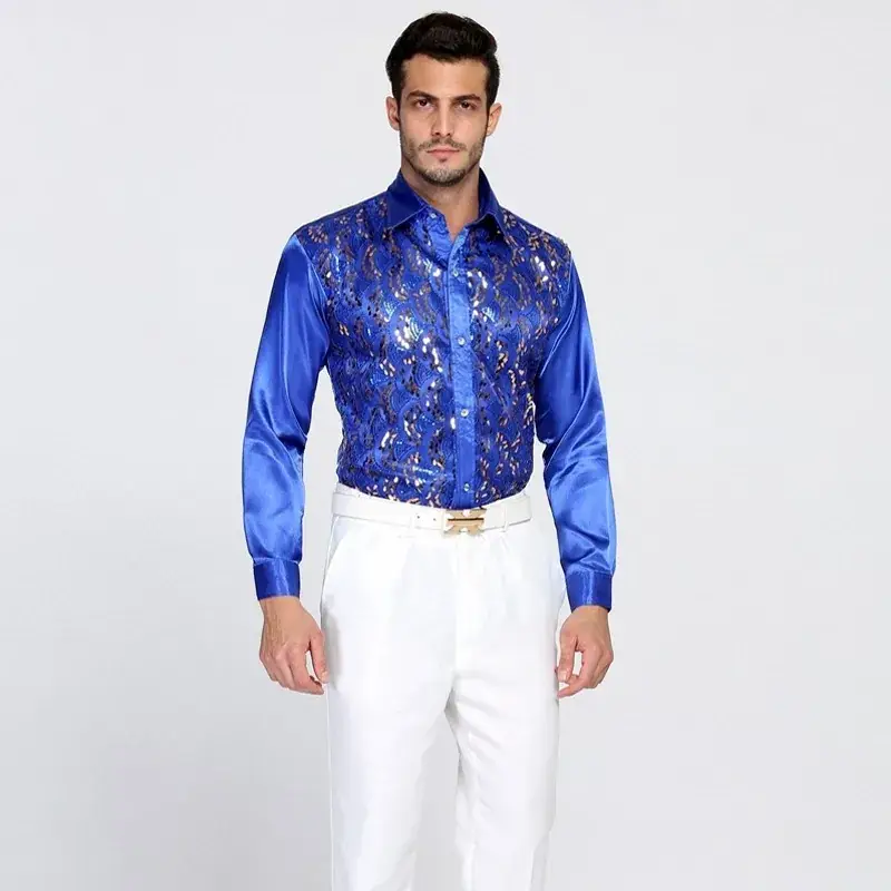 Men White Sequin Shirt Long Sleeve Performance Wear - Image 4