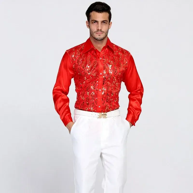 Men White Sequin Shirt Long Sleeve Performance Wear - Image 5