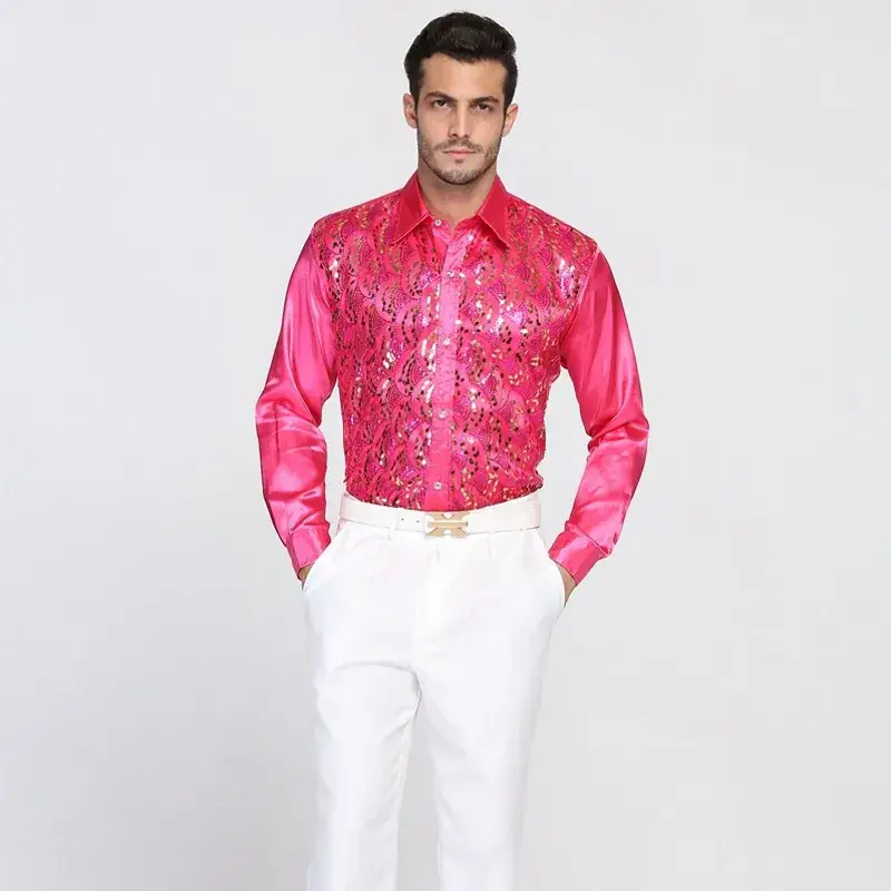 Men White Sequin Shirt Long Sleeve Performance Wear - Image 6