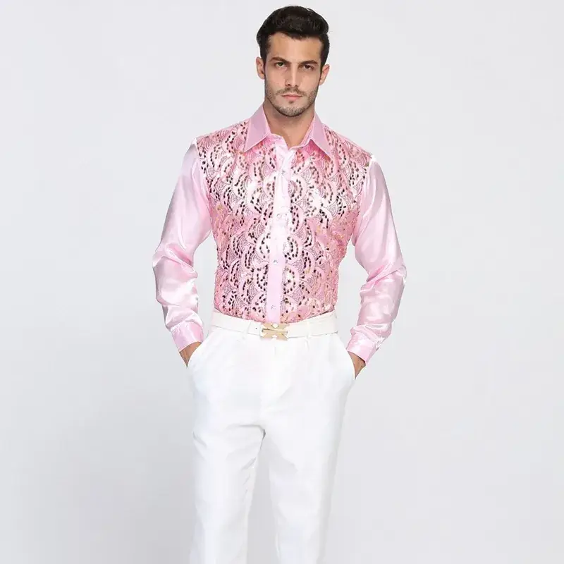 Men White Sequin Shirt Long Sleeve Performance Wear - Image 7