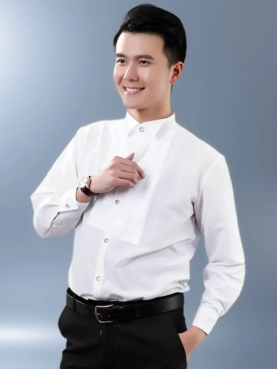 Men's White Pleated Long Sleeve Wedding Shirt - Image 3