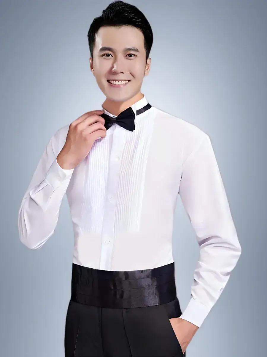 Men's White Pleated Long Sleeve Wedding Shirt - Image 4