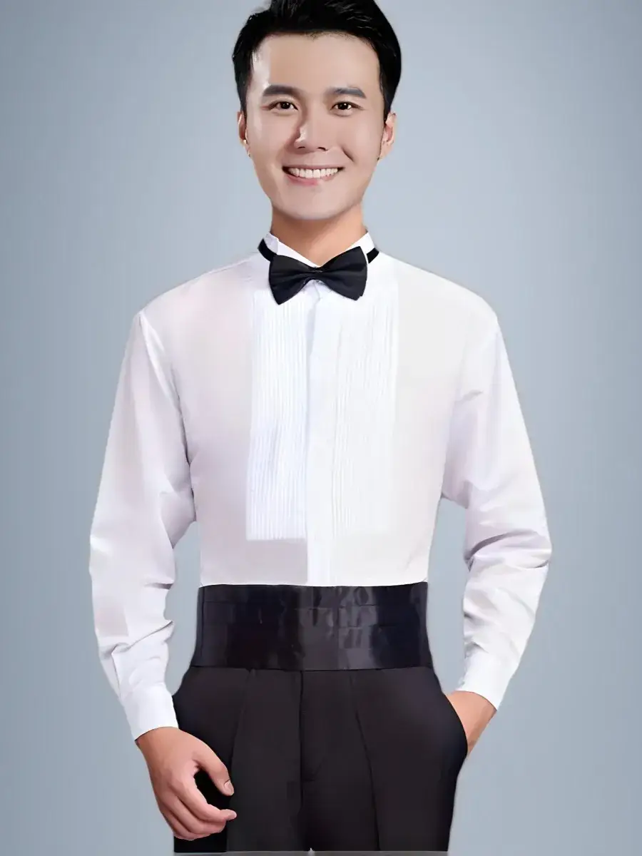 Men's White Pleated Long Sleeve Wedding Shirt - Image 5