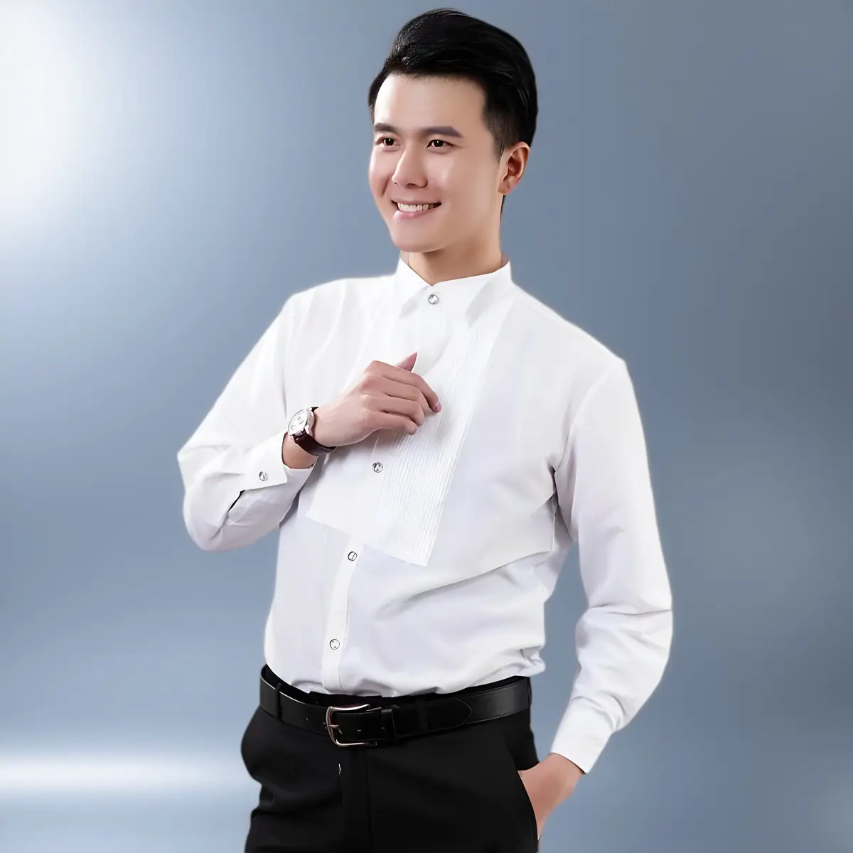 Men's White Pleated Long Sleeve Wedding Shirt — feature 10