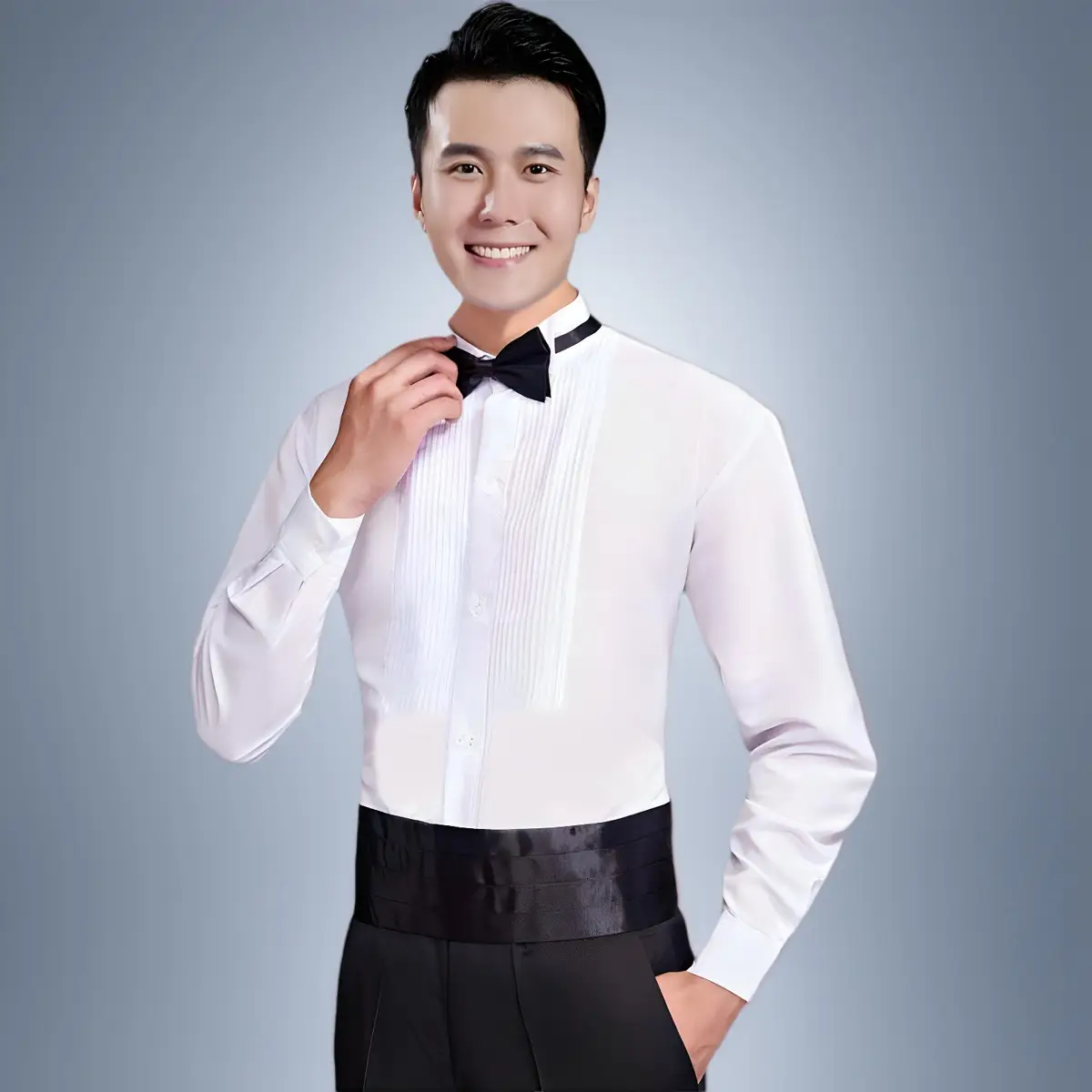 Men's White Pleated Long Sleeve Wedding Shirt — feature 11