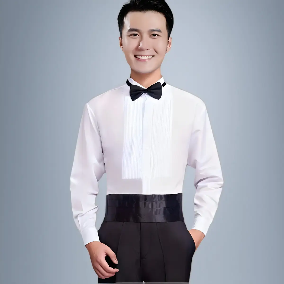 Men's White Pleated Long Sleeve Wedding Shirt — feature 12