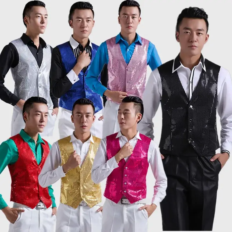 Men's Pink Sequined Vest for Stage Dance Performance - Image 11