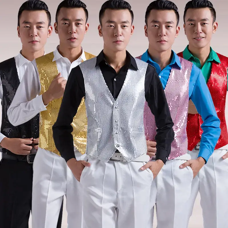 Men's Pink Sequined Vest for Stage Dance Performance - Image 12
