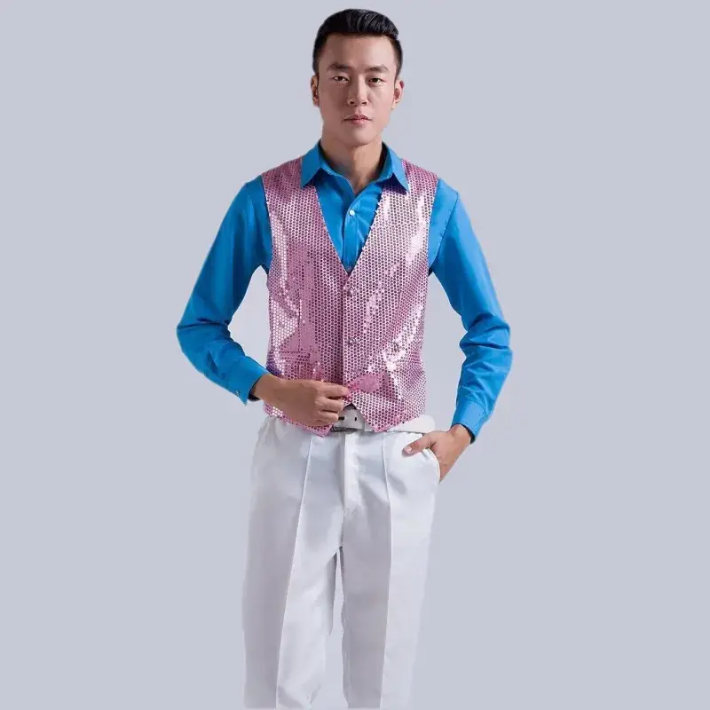 Men's Pink Sequined Vest for Stage Dance Performance - Image 4