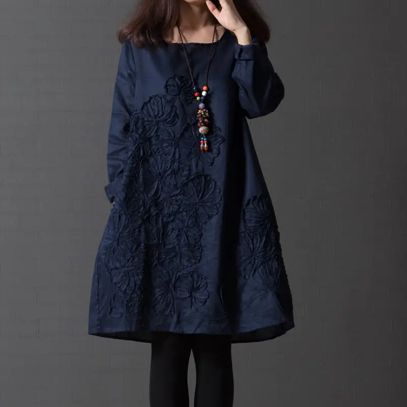 Blue Embroidered Long Sleeve Fat Girl Dress Large