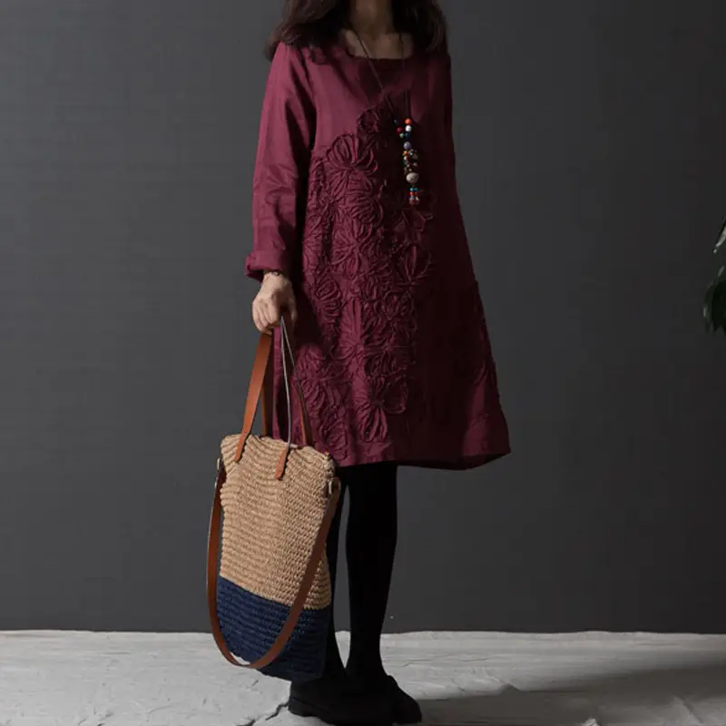 Blue Embroidered Long Sleeve Fat Girl Dress Large