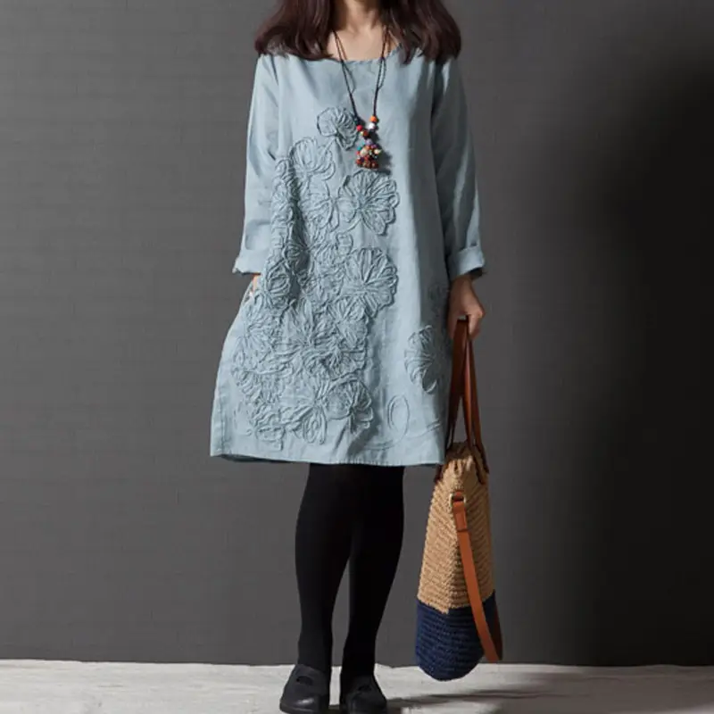 Blue Embroidered Long Sleeve Fat Girl Dress Large