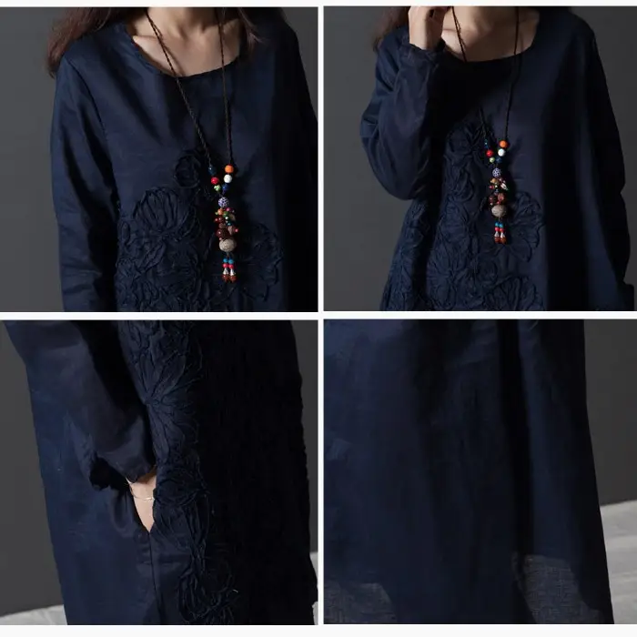Blue Embroidered Long Sleeve Fat Girl Dress Large