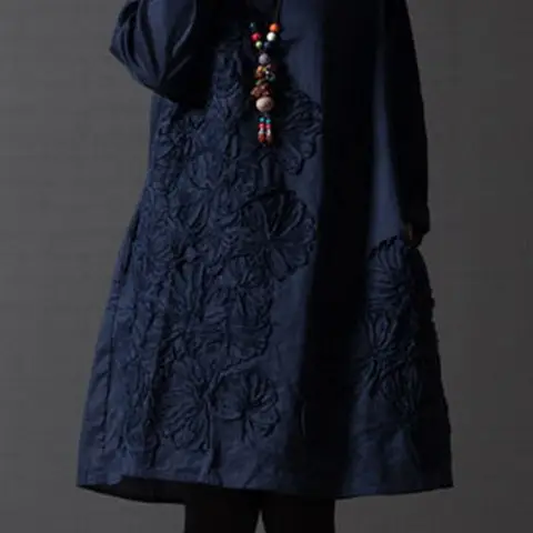 Blue Embroidered Long Sleeve Fat Girl Dress Large