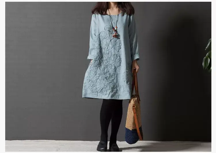 Blue Embroidered Long Sleeve Fat Girl Dress Large — feature 11