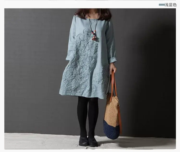 Blue Embroidered Long Sleeve Fat Girl Dress Large — feature 12