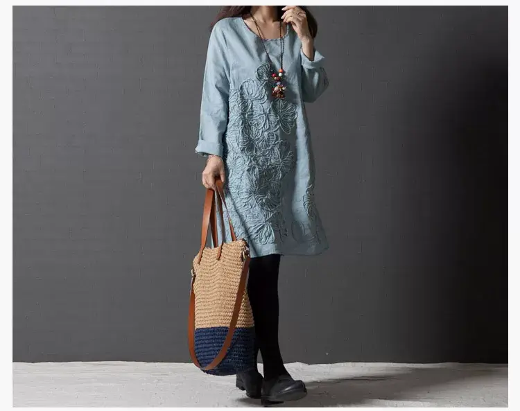 Blue Embroidered Long Sleeve Fat Girl Dress Large — feature 13