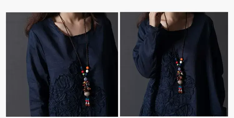 Blue Embroidered Long Sleeve Fat Girl Dress Large — feature 17