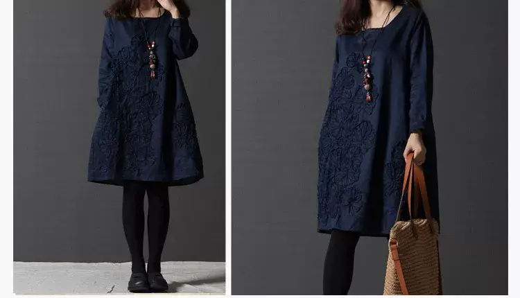 Blue Embroidered Long Sleeve Fat Girl Dress Large — feature 5