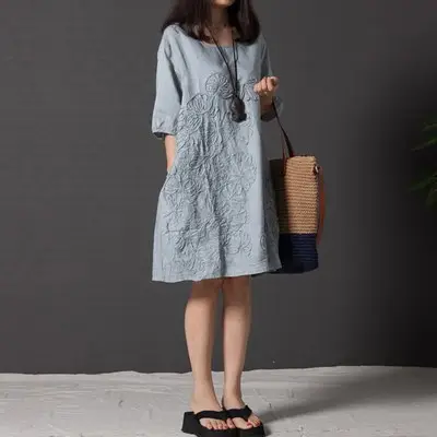 Blue Embroidered Long Sleeve Fat Girl Dress Large
