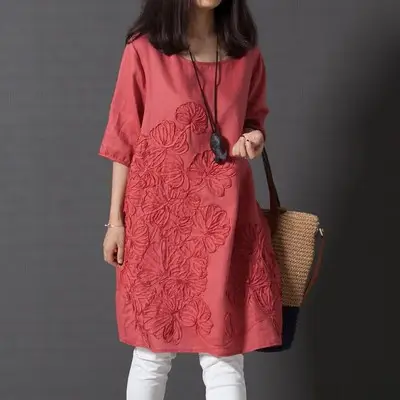 Blue Embroidered Long Sleeve Fat Girl Dress Large