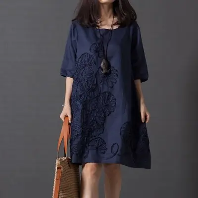 Blue Embroidered Long Sleeve Fat Girl Dress Large