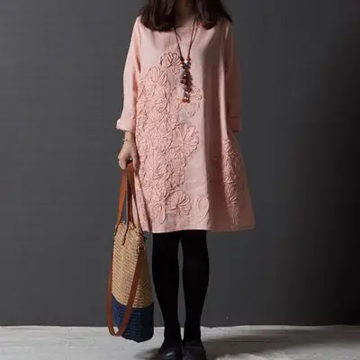 Blue Embroidered Long Sleeve Fat Girl Dress Large