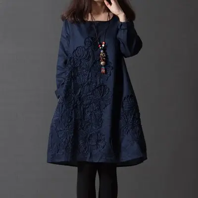 Blue Embroidered Long Sleeve Fat Girl Dress Large