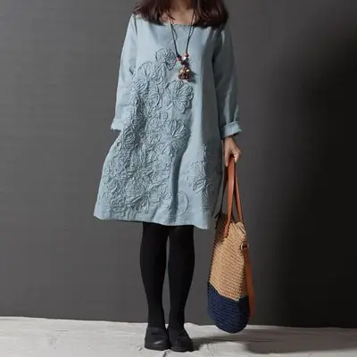 Blue Embroidered Long Sleeve Fat Girl Dress Large