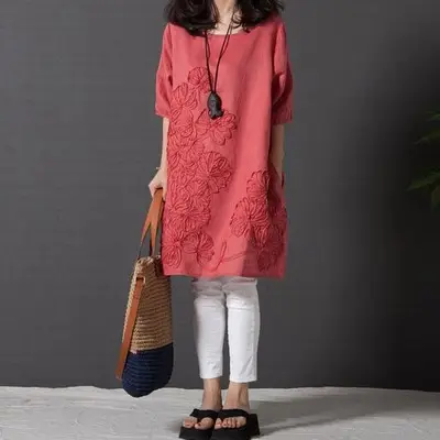 Blue Embroidered Long Sleeve Fat Girl Dress Large