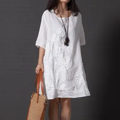 Blue Embroidered Long Sleeve Fat Girl Dress Large