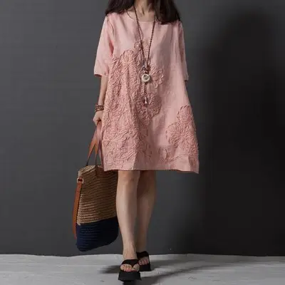 Blue Embroidered Long Sleeve Fat Girl Dress Large