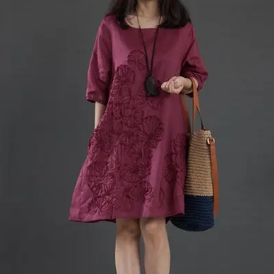 Blue Embroidered Long Sleeve Fat Girl Dress Large